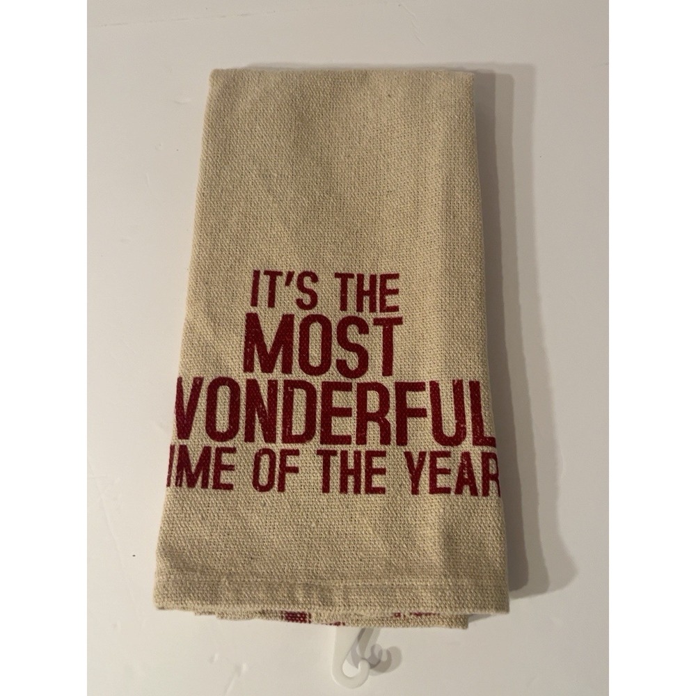 Designs By Kathy Christmas Dish Towel Most Wonderful Time of the Year Beige Red